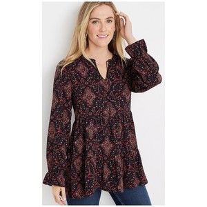 MAURICES Medallion Print Tiered Multicolor Black Tunic Blouse